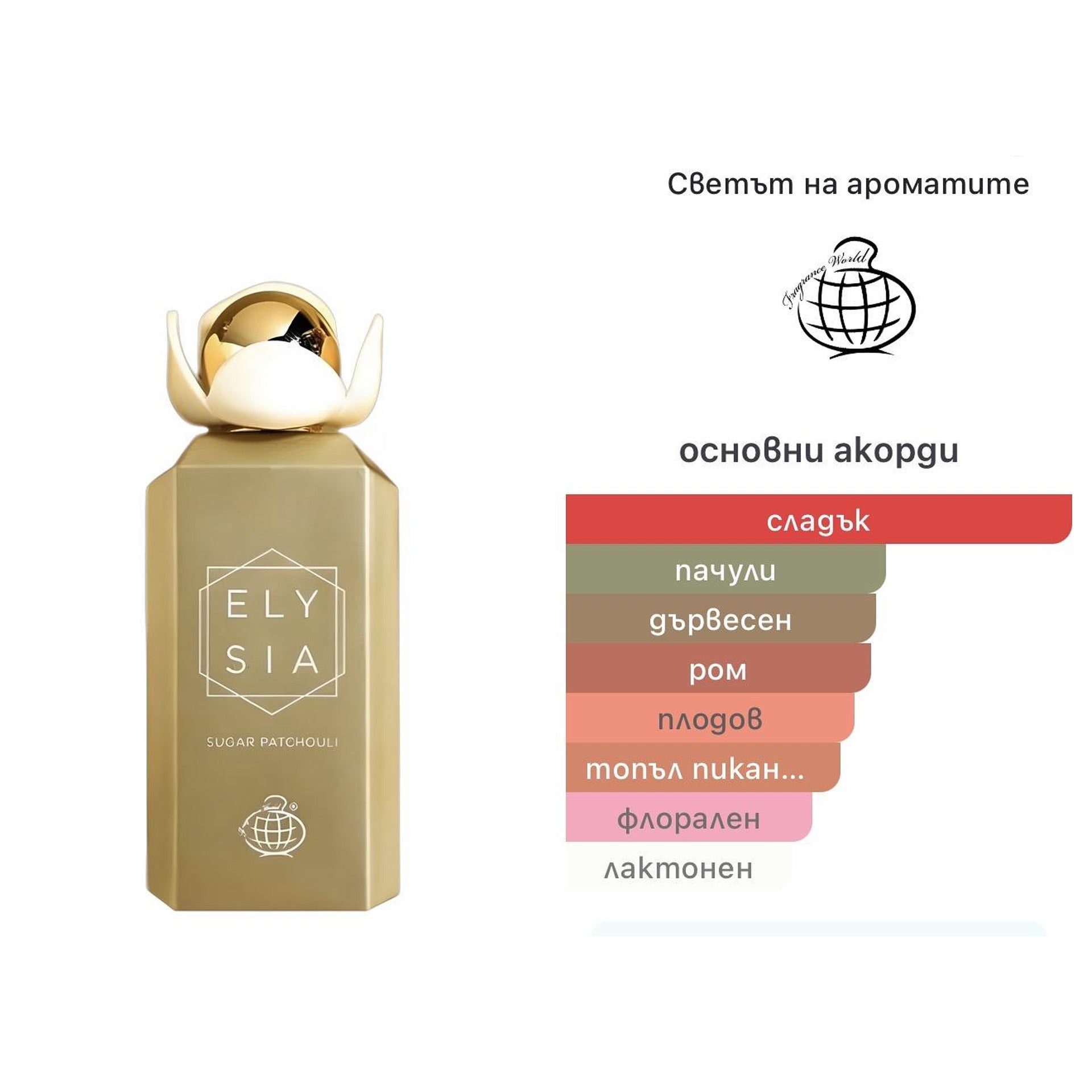Fragrance World Elysia Sugar Patchouli EDP 100ml – Fragrance World, дамски аромат, Aroma Viva